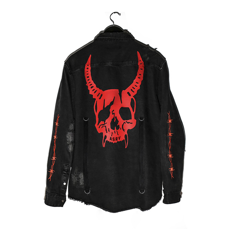 Spring and autumn men's coats, European-style large-sized street trendy brand lapel jackets, men's skull-patterned denim clothing