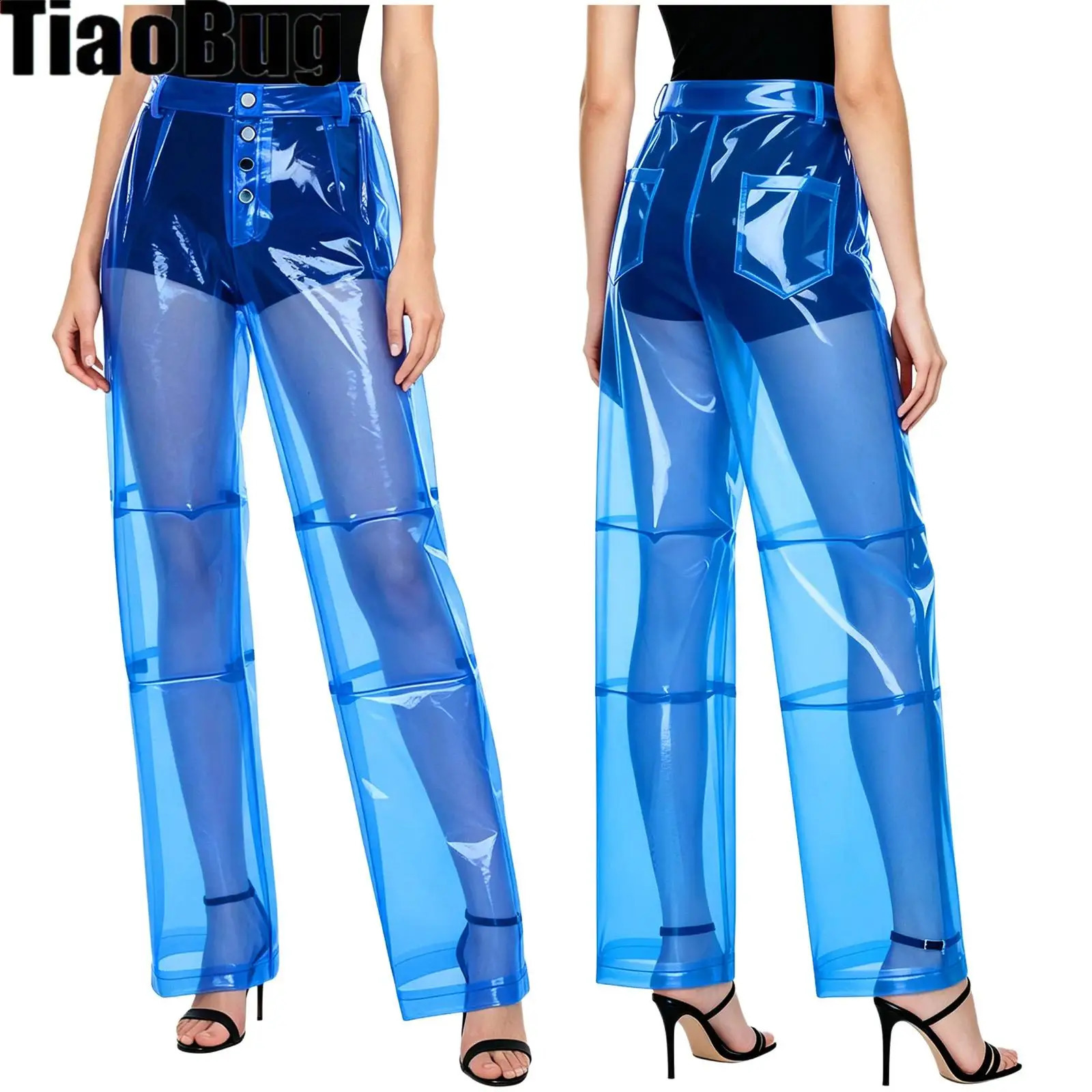 Women Pvc Pants Button Waist Back Pockets Wide Leg Straightleg Trousers Cover Up See Through Bottoms for Party Dancing Prom 260921