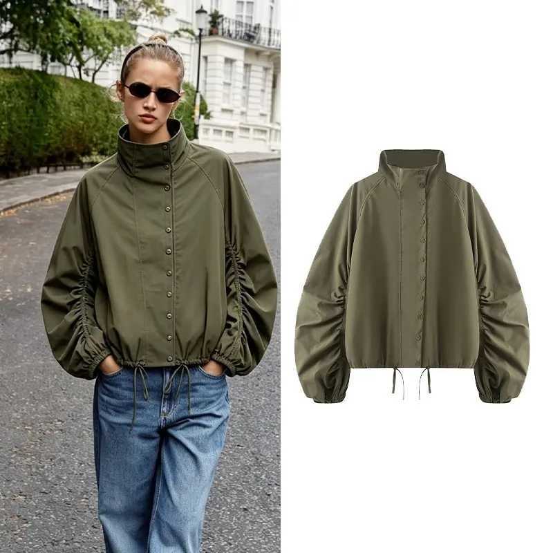 Nylon Women's Winter Jackets Women's Jacket With Lace Up New 2026 Stand-Neck Long Sleeve Button Woman Loose Jakcet Chic Female Coats C2609
