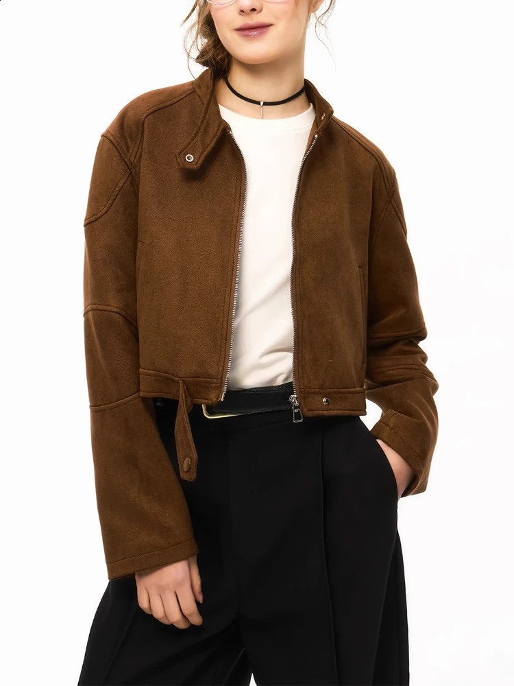 Women's Retro Suede Cropped Bomber Jacket Spring Autumn Flight Style Casual Top Soft Faux Outerwear 260920