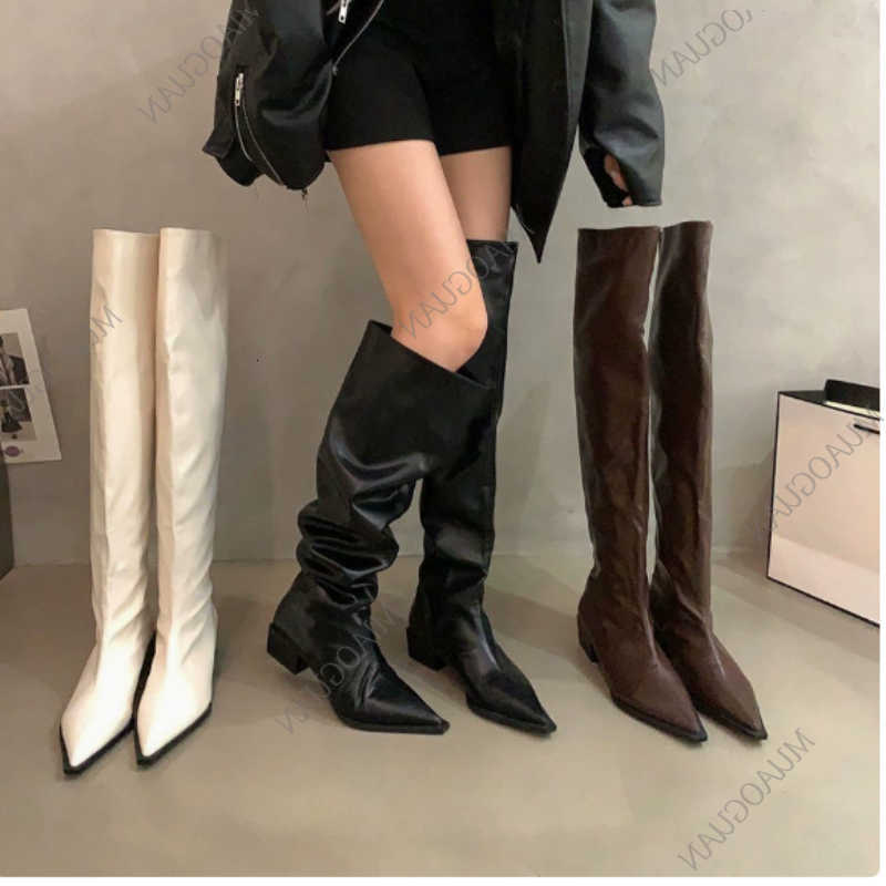 Botas hasta la rodilla para Mujer, Botas por encima de las altas, zapatos de punta estrecha de gamuza a la moda, Otoño Invierno, tacón medio grueso,