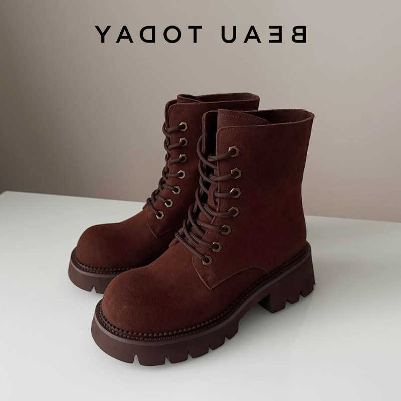 BEAUTODAY, botines amarillos, botas de mujer de gamuza de vaca con cordones, plataforma, tacones gruesos, botines cortos Vintage para exteriores par