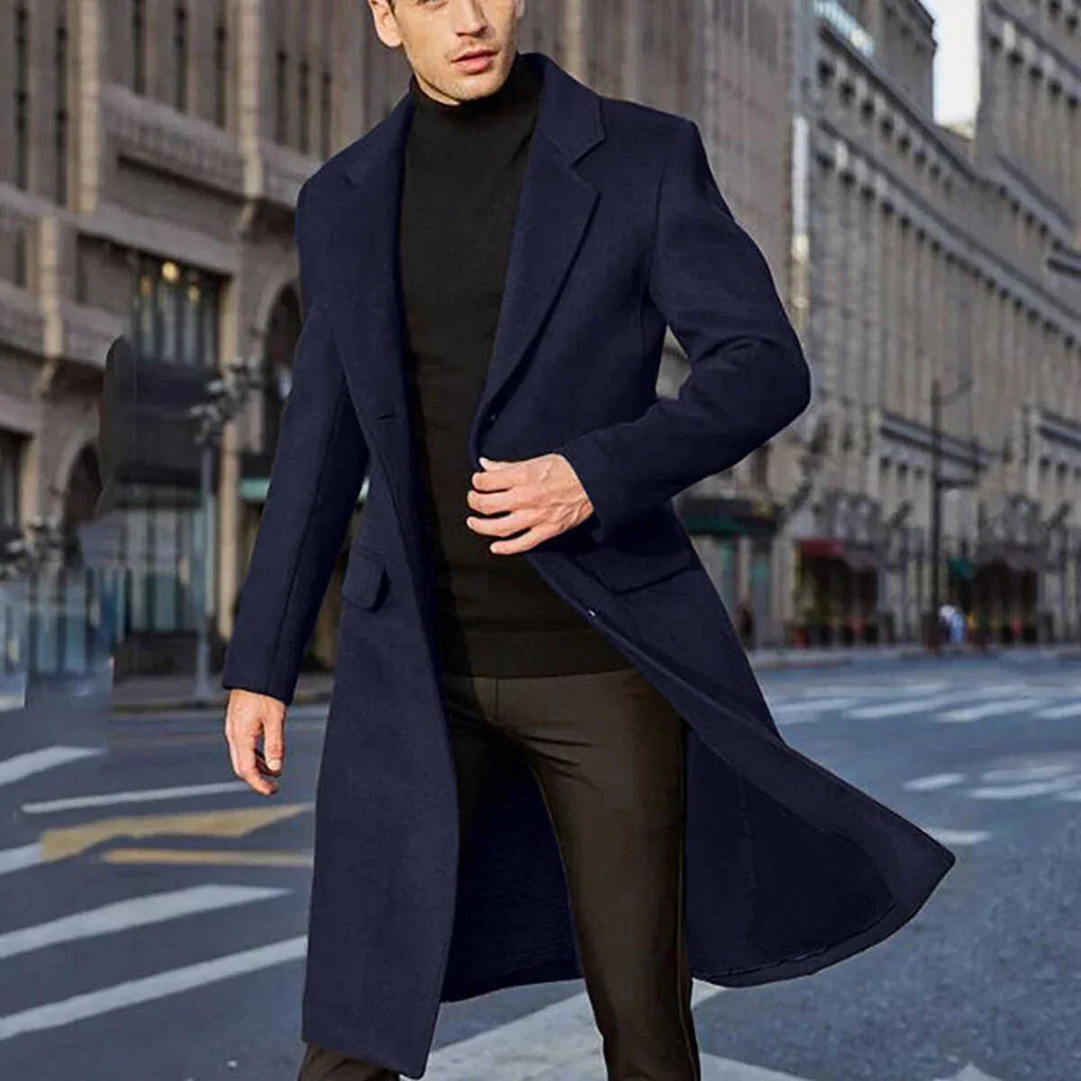 New Men's Wool Blends 2026 Autumn Winter Men's Solid Woolen Coats Classic Turn-down Collar Wool Blends Button Jackets Casual Slim Long Win