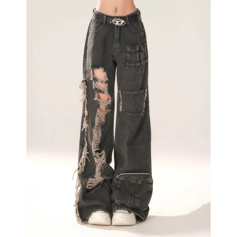 High Waist Ripped Women's Black Jeans Hip-hop Style Fashion Vintage Streetwear Y2K Wide Leg Jean Trouser Baggy Denim Pants 260921