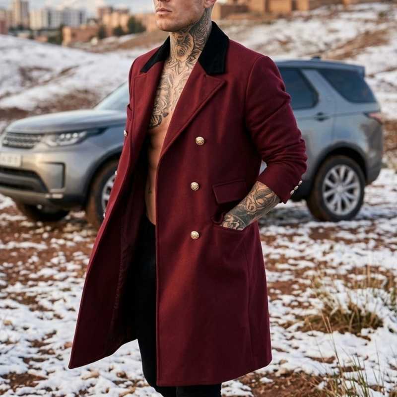 New Men's Wool Winter Blends Double-Breasted Contrast Color Trench Coat Windproof Multi-Pocket Mens Jacket Business Casual Streetwear Male Clot