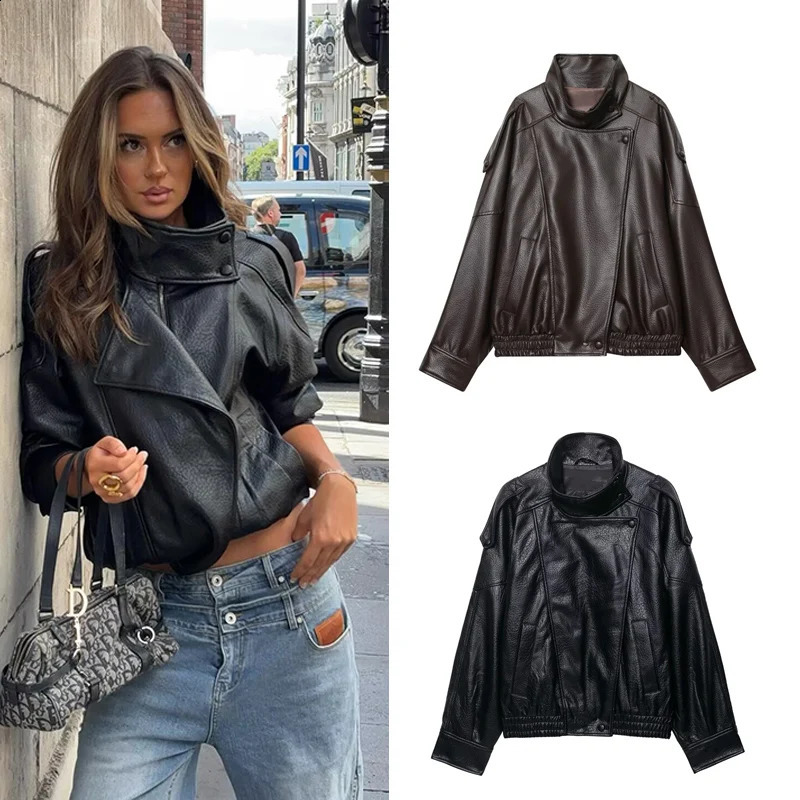 Womens Faux Leather Jacket Fashion Long Sleeve Versatile Personality Chic Women Coat Autumn Winter Ladies Outerwear 260921