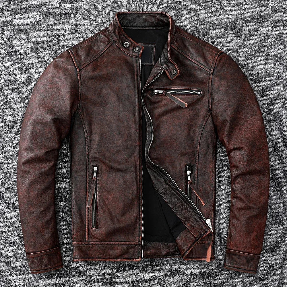 Vintage Brown Coat Classic Biker Style Short Slim Genuine Leather Jacket Men Casual Leather Coat Asian Size 6XL Autumn Wholesale 260918