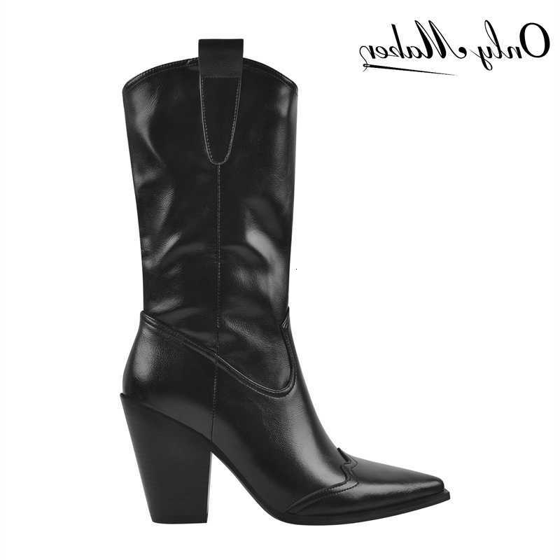 Toe Women Pointed Boots Onlymaker Mid-Calf Boot Matte Black Sewing Embroidered Thick Heels Zipper Winter Big Size Cowboy Boots H260921