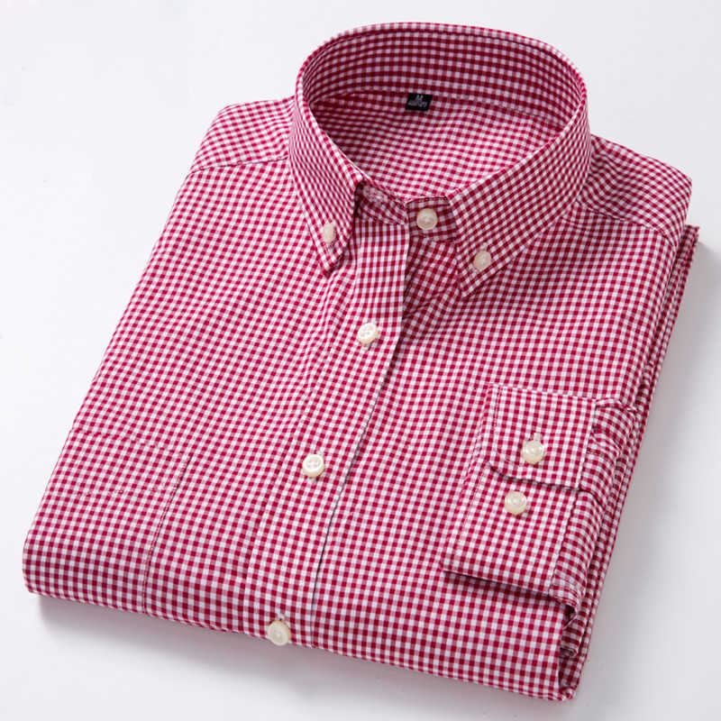 Casual Shirts Man Standard-Fit Men's Long-Sleeve Micro-Check Shirts Patch Pocket Thin Soft 100% Cotton White/red Lines Plaid Casual Versatile S