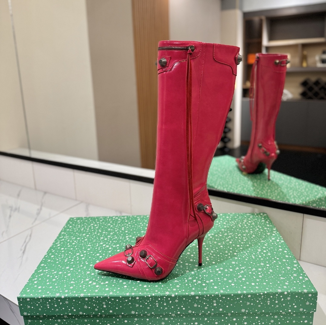 Luxury Dress Shoes Designer Women Winter Knee Boots Side Zipper Stiletto Heels Pointed Toe Beautiful Pink Black Party Shoes Ladies Girls Party Shoes