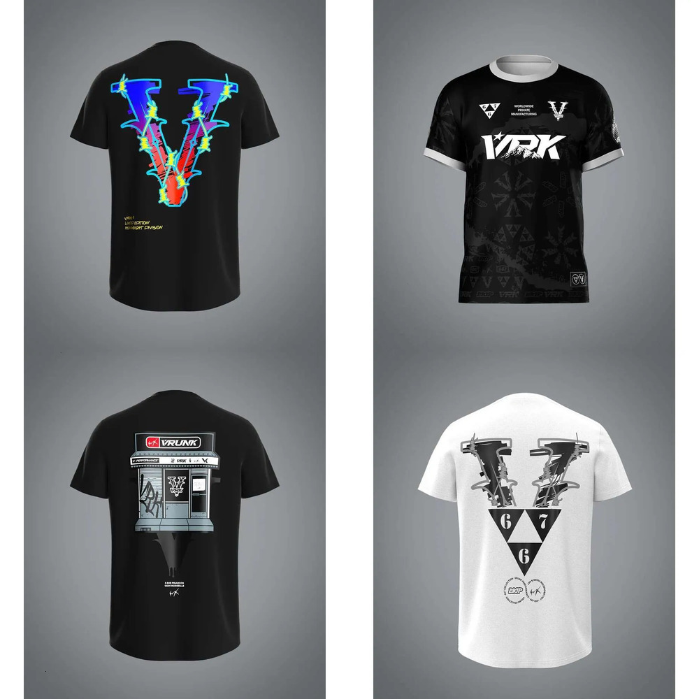 Vrunk Shirt Designer Shirt Black Oversized Graffiti Print T Shirt With Multi Logo Patchwork Streetwear Hip Hop Crew Neck Short Sleeve Casual Top Gra