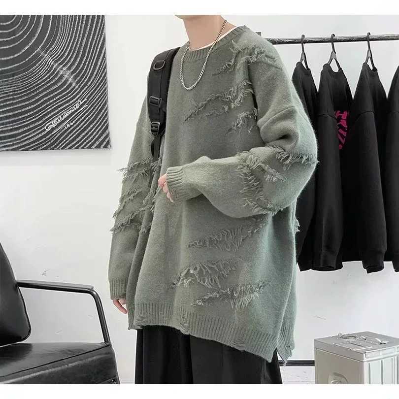 American Retro High Street Ripped Sweater Men's Autumn and Winter Lazy Wind Loose Design Sense Niche Knitted Sweater S2609219W6X