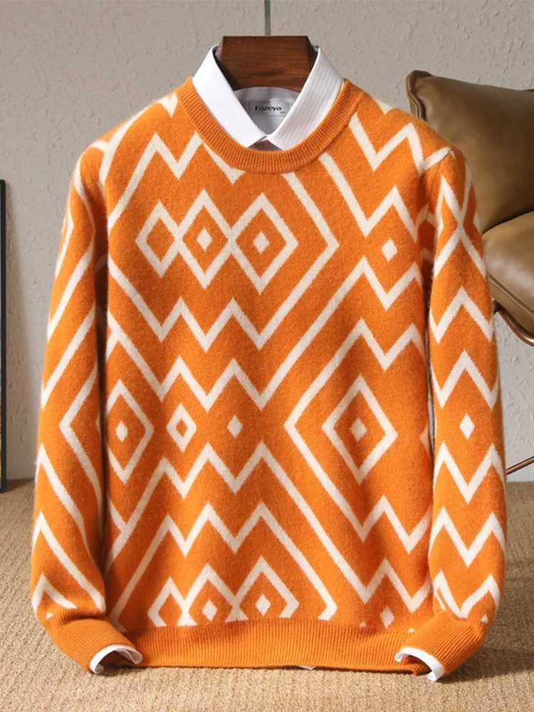 Autumn Winter 100% Wool Knitted Pullover Men's O-Neck Color Block Sweater Fashion Thicken Loose Tops Clothing Warm Base Shirt Q260921