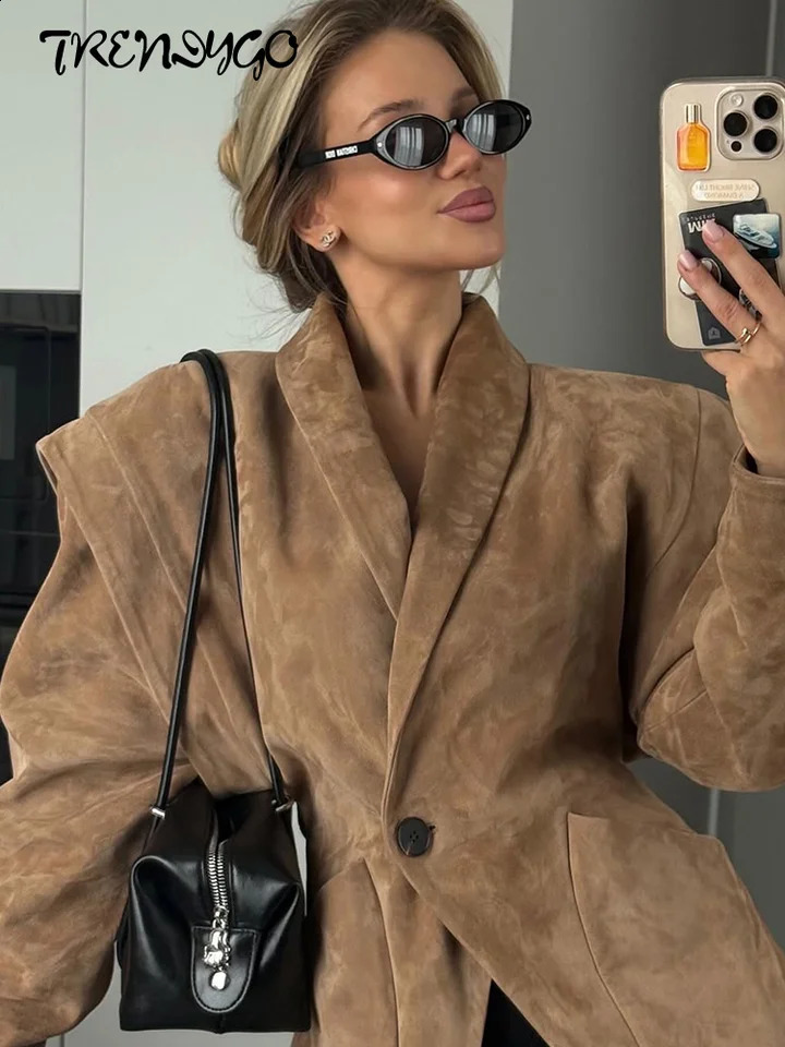 Women's Suede Jackets Shoulder Pad Long Sleeve Waist Cinching Coats Retro Female Lapel Button Solid Slim Coat Chic Outerwear 260920