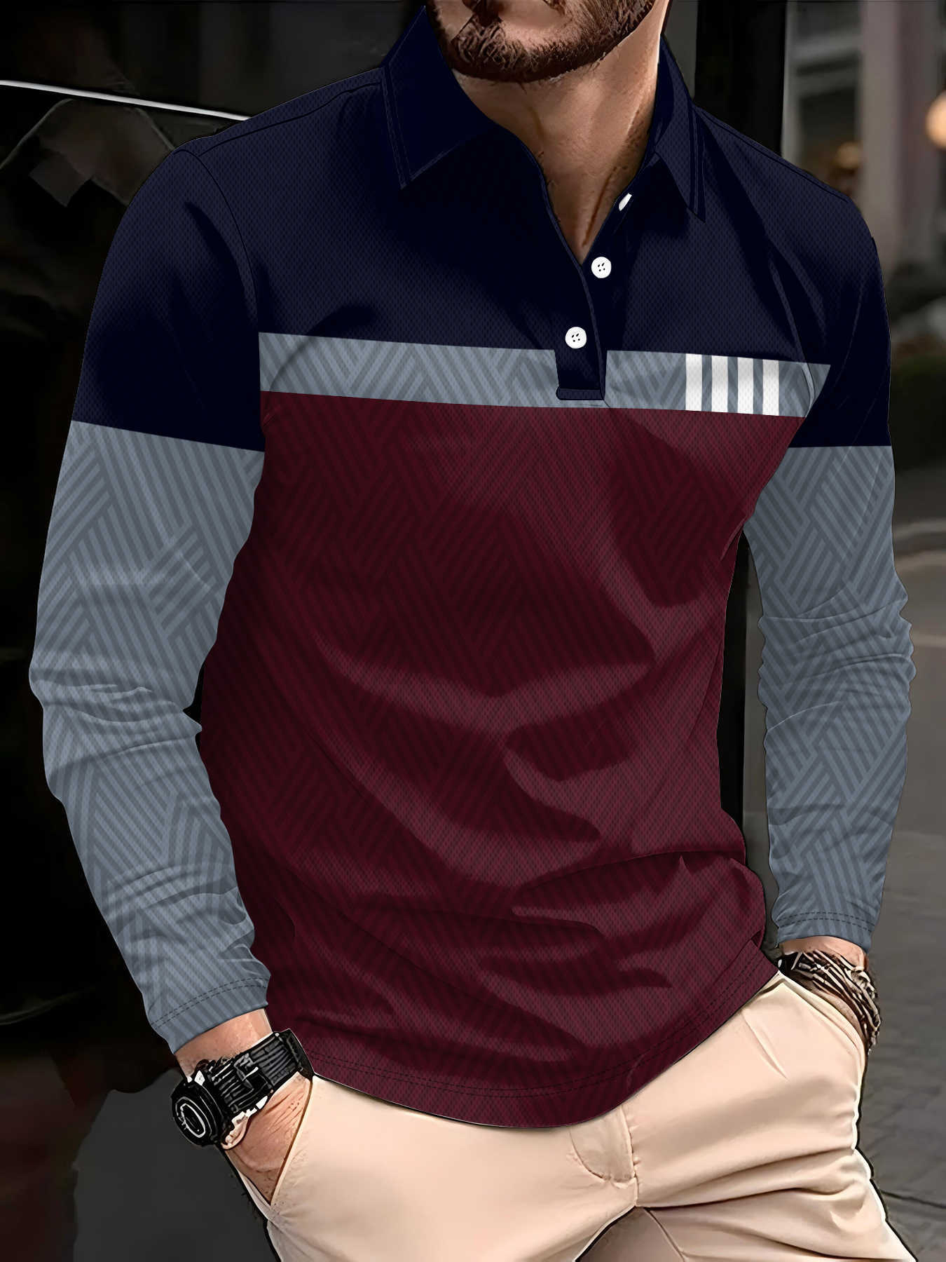 autumn-winter Men's Casual Shirts 2026 new men's long-sleeved polo shirt featuring a trendy street fashion design with comfortable stripe