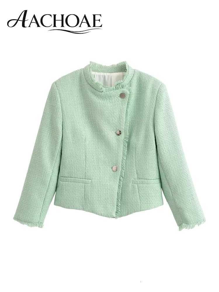 Women AACHOAE Women's Tweed Jackets Cropped Jacket Stand Collar Frayed Trim Metal Button Short Coat Elegant Vintage Casual Office Lady Outerwea