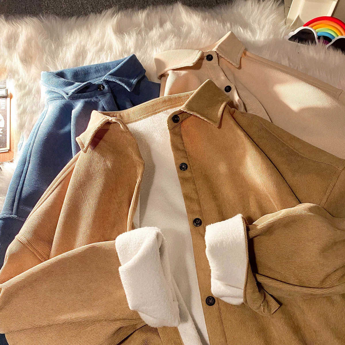 Autumn Men's Casual Shirts Legible Winter Thicken Corduroy Fleece Shirts Mens Casual Loose Warm Long Sleeve Shirt Male H260921
