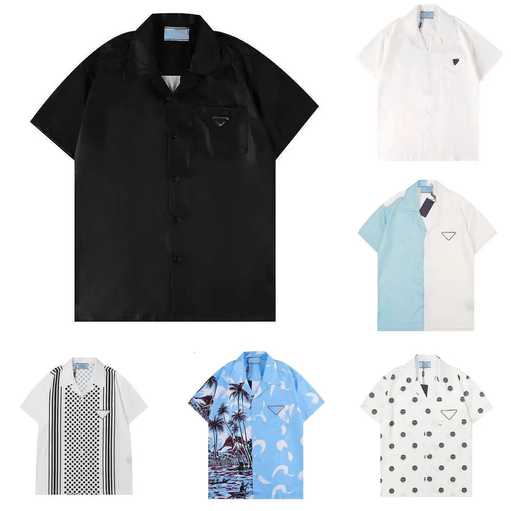 Designer men's shirt lapel V-neck printed short-sleeved shirt loose cotton and linen button-down beach home party top size M-XXXL