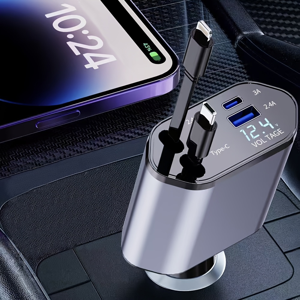 Chargeur de voiture à câble rétractable 120W, chargeur de téléphone de voiture à charge rapide 4 en 1 pour appareils iOS type-c