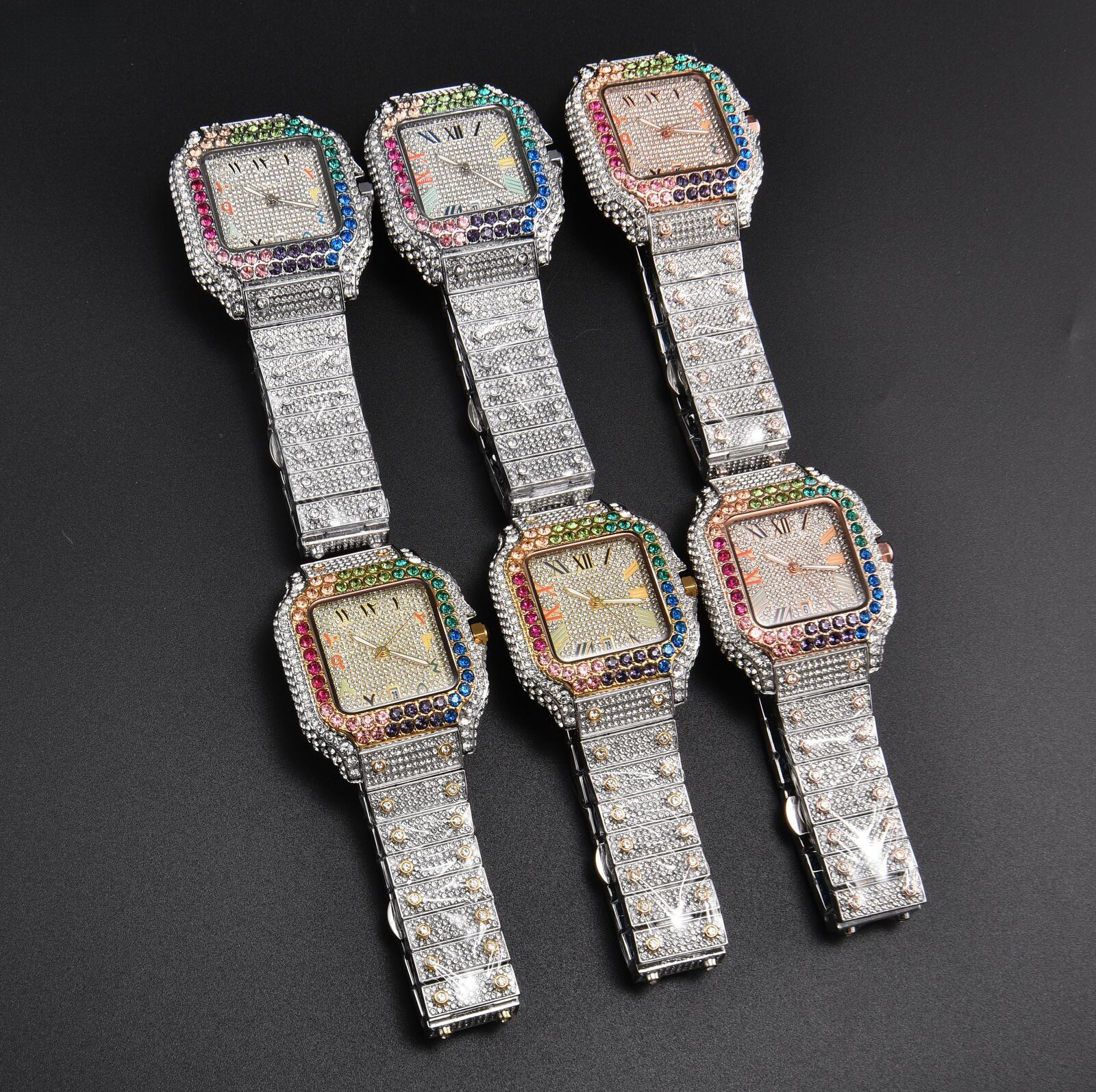 moissanite watches high quality diamond Pass Tester carterly watchs Square Wrist Stainless Steel Down Custom Fashion accessories Brand for Men/Women