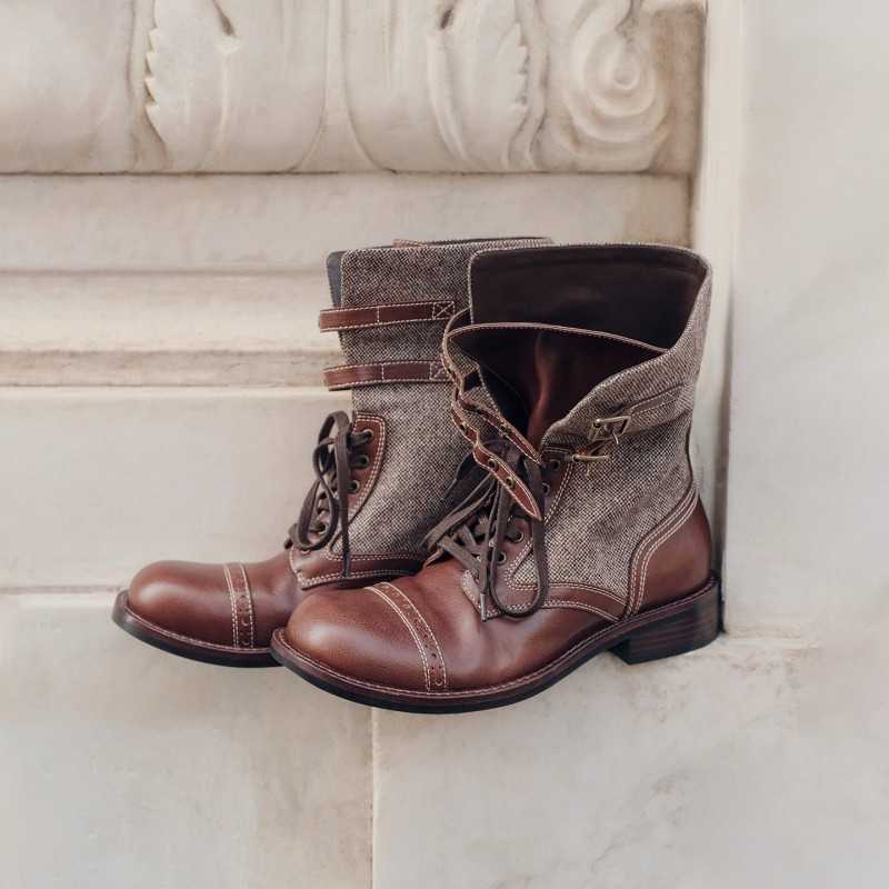 Cowhide~Metal Buckle Ankle Boots Lace-up Boots Women's British Style Chelsea Boots Brown Martin Boots L26921