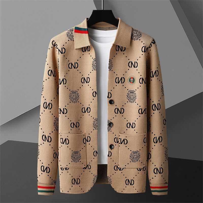 Heavyweight Spring And Autumn Knitted Cardigan Sweater For Men, Korean Style, Loose Fit, Turn-Down Collar, Casual Jacket, Coat, Trendy Outerwear