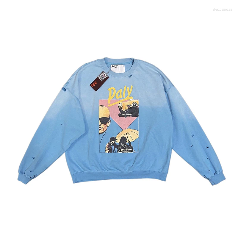 Men Women Unisex Cotton Character Pattern Print Paly Sweatshirts Vintage Washed Blue Damaged Hole Crewneck Pullovers Tags
