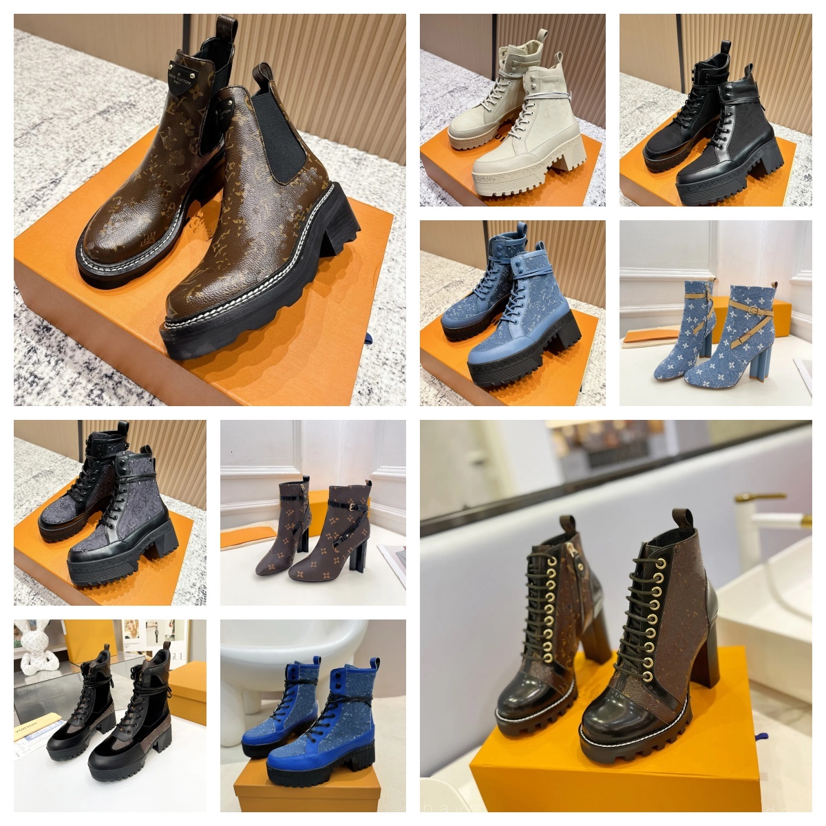 Botas estampadas de diseñador Botas clásicas para mujer Botas lvsPlatform Tacones altos Botines Otoño Invierno Moda Cuero con cordones Martin Botine