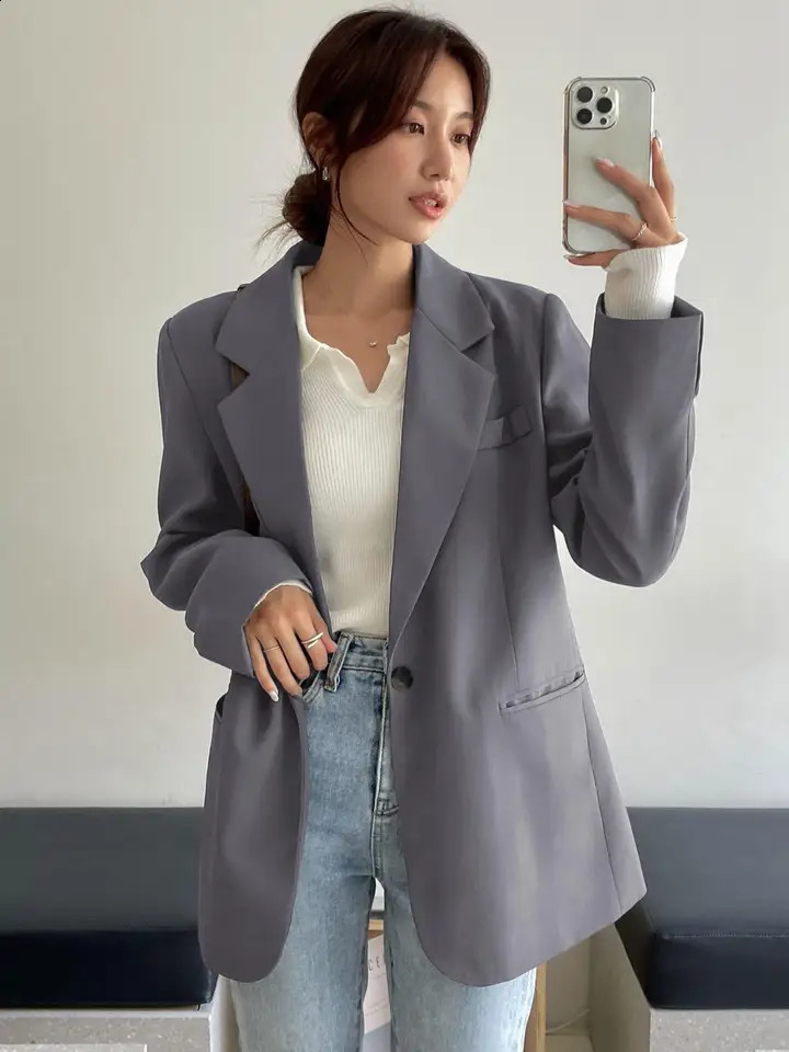 Womens Fashion Korean Style Woven Blazer Jacket Spring Fall Casual Fitted Outerwear Moderate Fabric Thickness 260921
