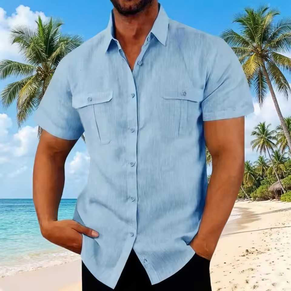 Summer Men's Men Casual Shirts Cotton Linen Short Sleeve Cargo Shirt Double Chest Pocket Button Down Work Shirts Loose Fit Casual Beach Blouse