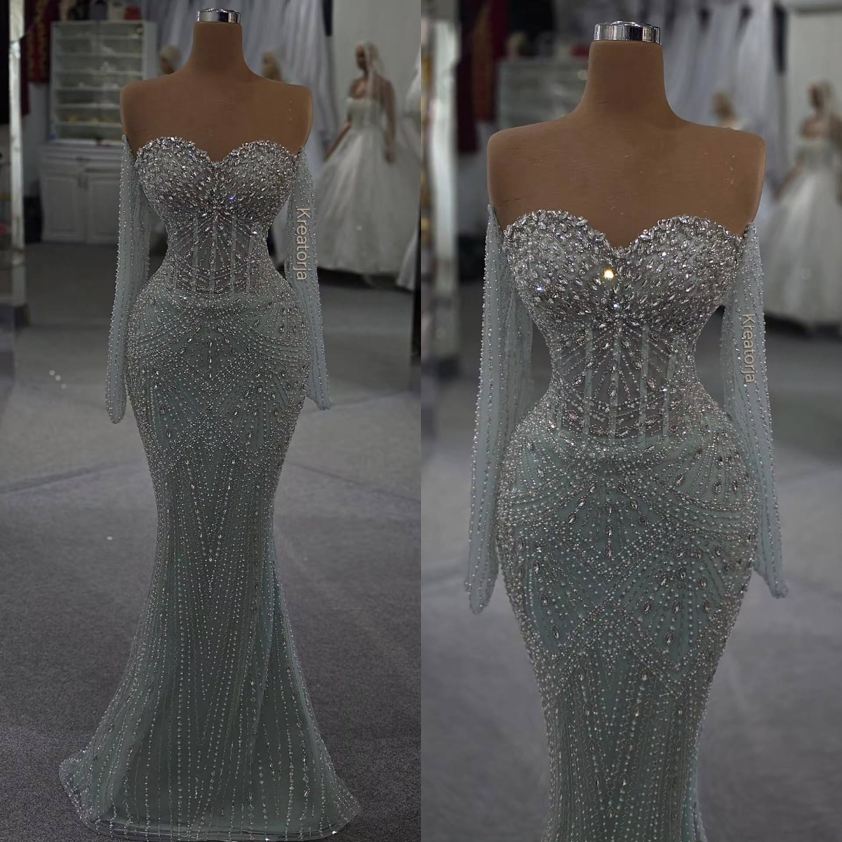 Fashion Sequins Crystal Prom Dresses Pearls Mermaid Evening Dresses Strapless Party Gown Slim Fit Customized Vestidos De Noche Plus Size