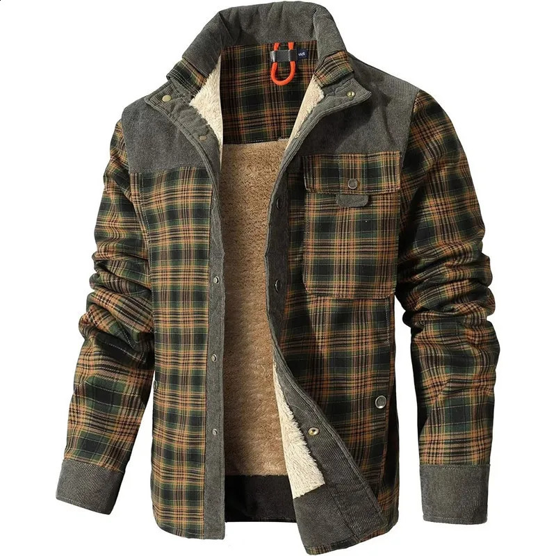 Giacca invernale foderata in pile scozzese per uomo Cappotto caldo spesso Autunno Casual Capispalla multi tasche per l'abbigliamento quotidiano all'