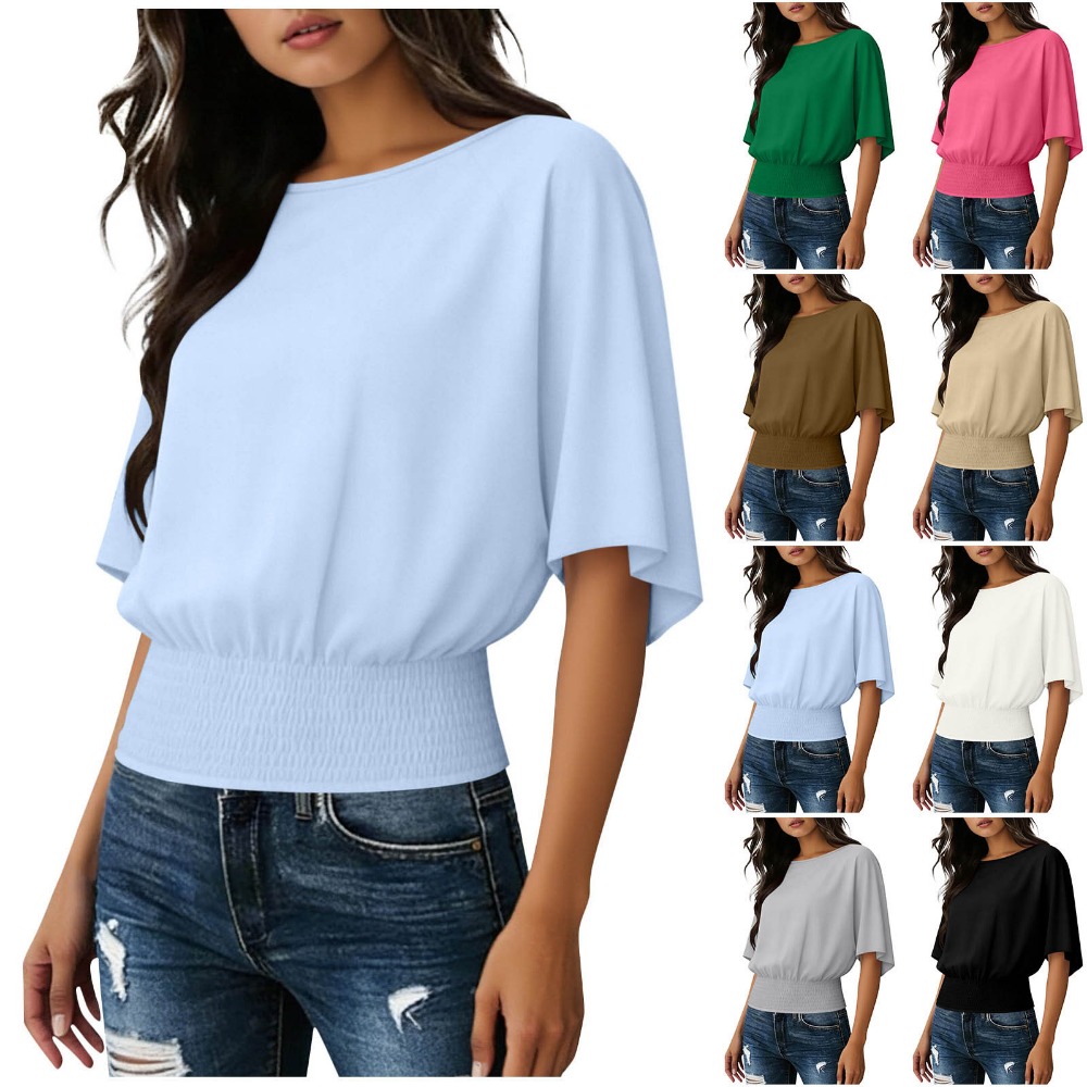 Solid Color Fashionable Loose and Large Casual Short Sleeved Crew Neck Tshirt Top Women