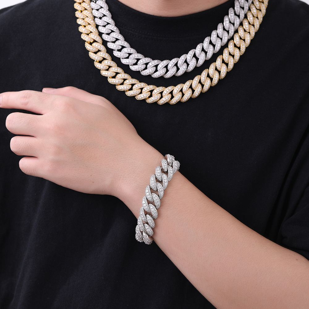hip-hop bracelet, niche high-end men's fashion, box clasp, 925 sterling silver inlaid with Moissanite silver 18mm Cuban necklace