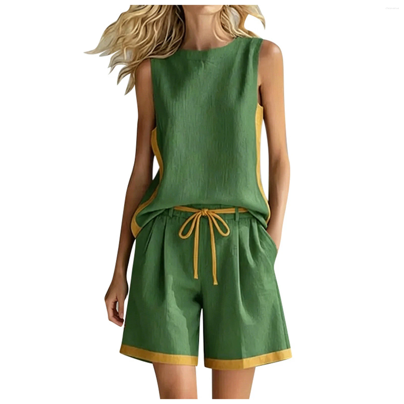 Women's Cotton Linen Two Piece Set Casual Sleeveless Top And Loose Shorts Suit Fashion Tank Tops Short Pants Women Outfits