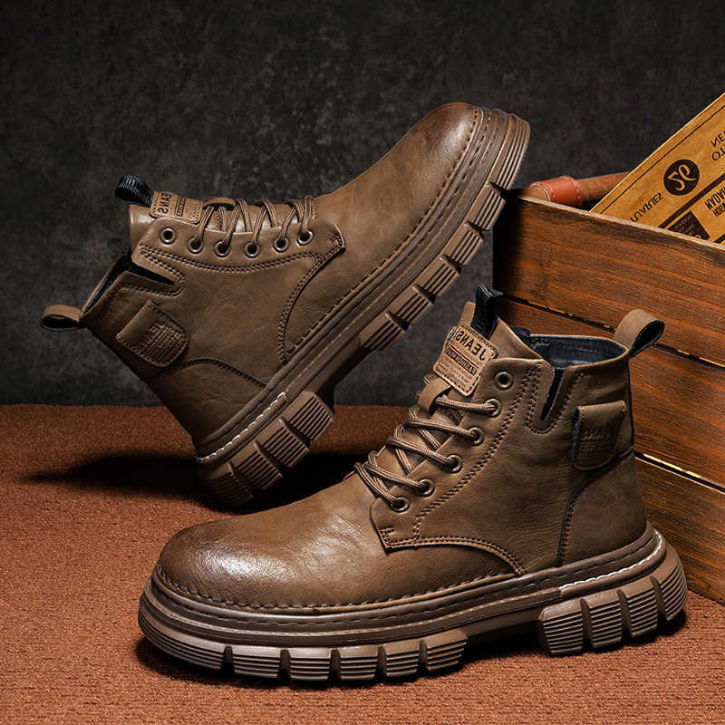 Boots Boots Mens Leather Motorcycle Laceup Thick Platform Sole Ankle Boots Male Autumn Winter Casual Shoes Outdoor Treking Footwear H260921