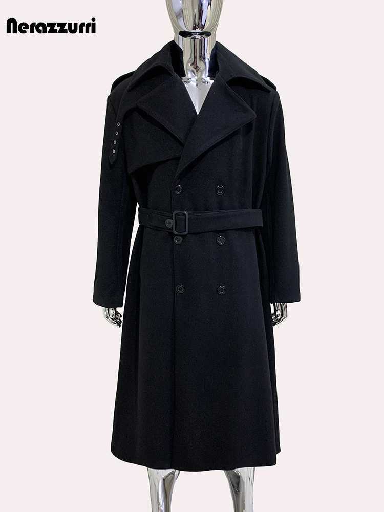 Autumn Men's Nerazzurri Wool Blends Winter Long Oversized Black Warm Woolen Coat Men Belt Designer Clothes Wool Blends Overcoat 2024 D2609211