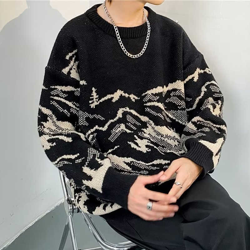 Style Japan Mountain Graphic Jacquard Sweaters for Men 2025 Casual Long Slve Knitted Pullovers Y2K Vintage Knitwear Pull Homme S260921Z9WF