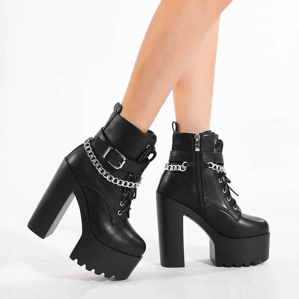 Botas de tacón con decoración de cadena para mujer, botas de plataforma con cordones y cremallera lateral a la moda, botines con estilo, tacones alt