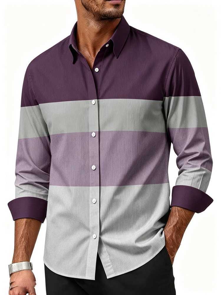 Men's Shirts Men's collar Casual long sleeved button up shirt with contrasting wide stripes business commuting casual top H260921