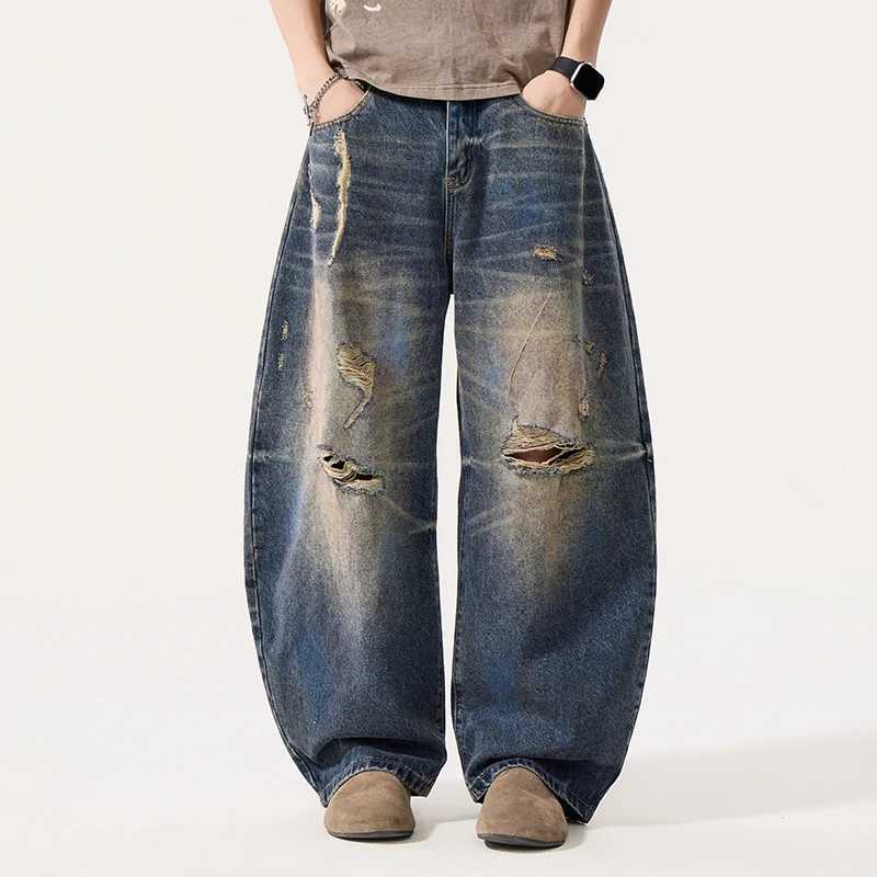 American Style Trendy Washed Ripped Distressed Men's Jeans Hole Design Loose Casual Wide Leg Denim Scimitar Pants S260921CC2U