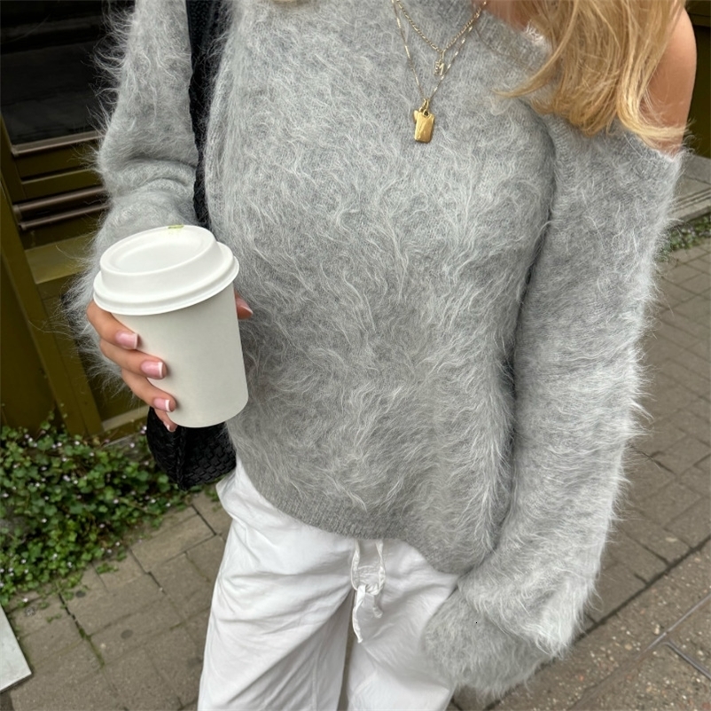 Casual Pullover Sweaters Elegant Lady Fall Winter Fashion Pullovers Women's Fluffy Off Shoulder Sweater Long Sleeve Knit Tops 260918CJ
