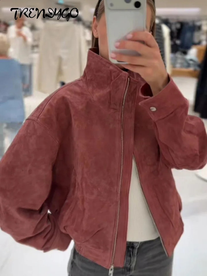 Women's Suede Jackets Stand Collar Long Sleeve Zipper Oversized Coats Spring Autumn Lady Pocket Ruched Loose Coat Outerwears 260920