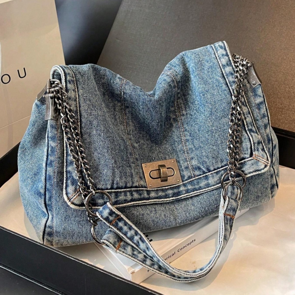 Cross Body Bag Denim Shoulder Purse With Metal Chain Lock Closure Vintage Washed Finish For Women Daily Commute Travel