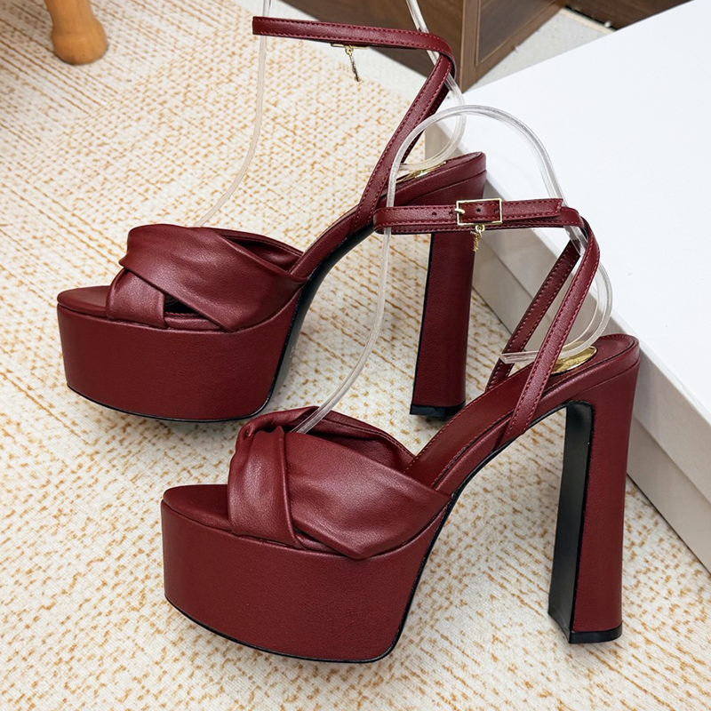Nouvelles sandales à talons hauts à semelles épaisses à gros talons, conception de sangle croisée en peau de vache, sandales sexy à bout exposé à