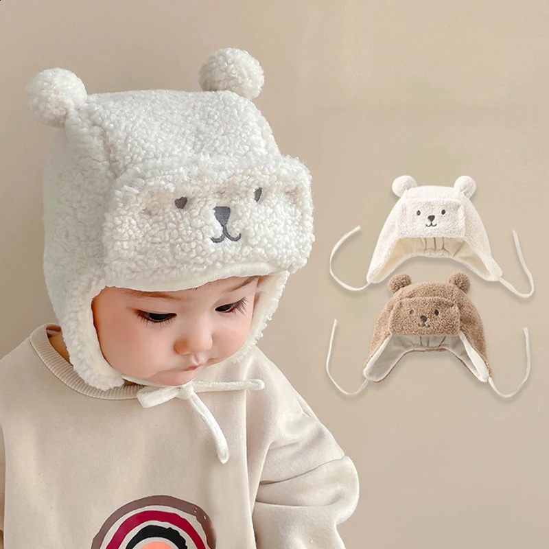 Solid Color Bear Earflap Hat for Baby Winter Lamb Fleece Ear Protection Beanies Cute Cartoon Infant Toddler Warm Plush Bonnet 260920