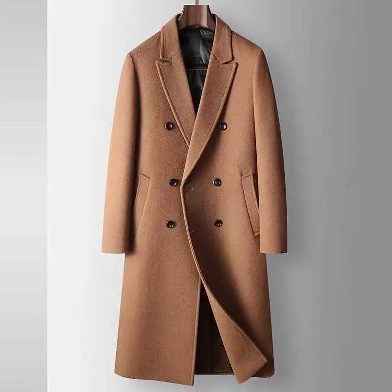 2025 Men's Wool Autumn/Winter Blends New Men's Long Cross Knee Double breasted Windbreaker Coat Warm Woolen Coat White Duck Down Inner Lin