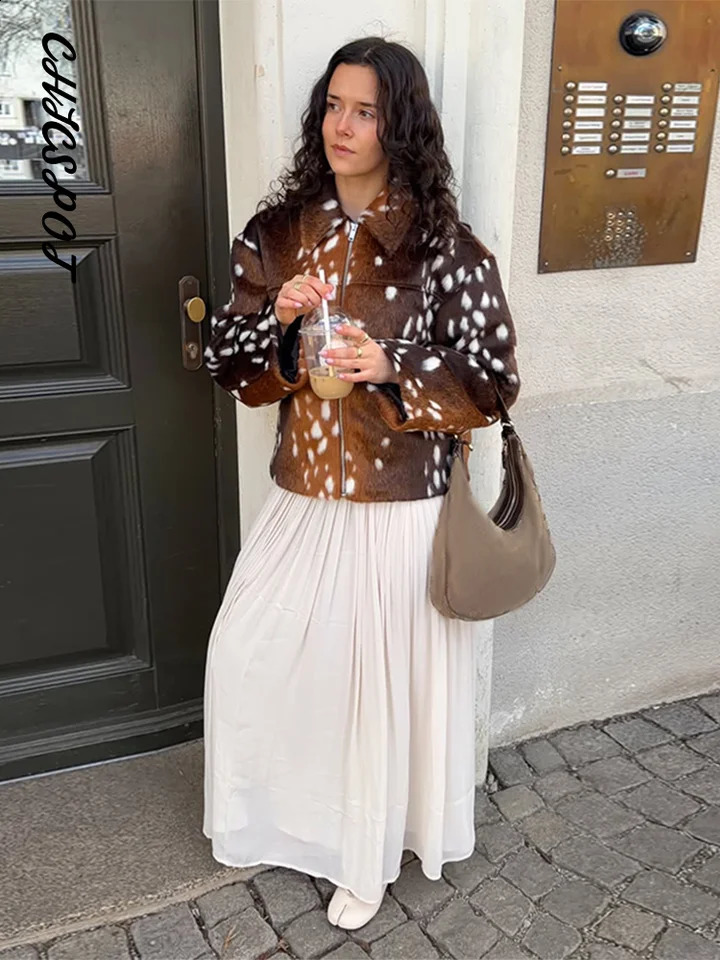 Womens Cropped Jackets Deer Spot Printed Lapel Long Sleeve Zipper Suit Jacket Autumn Female Panelled Loose Coats Outerwears 260920