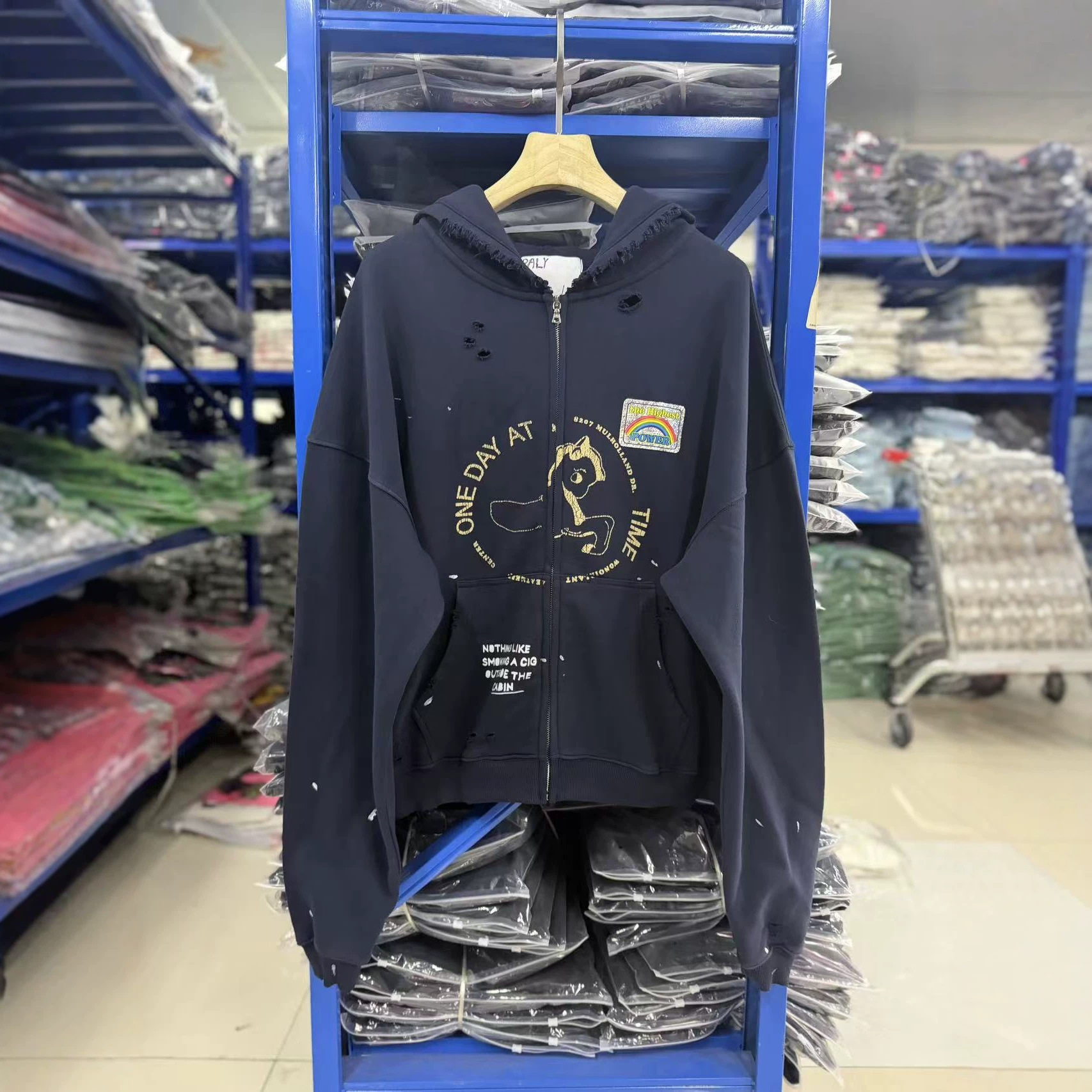 Loose Fit Drop Shoulder Distressed Zip Up Hooded Sweatshirt For Men Vintage Casual Streetwear Pullover