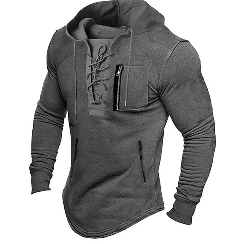 2026 Men Autumn Spring Top Lace Up Drawstring Solid Color Long Sleeve Zipper Pockets Pullover Streetwear Mid Length Hoodie 260920